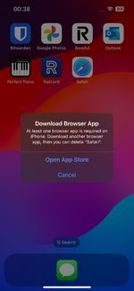 An error message on iOS. Reads At least one browser app is required on iPhone. Download another browser app, then you can delete 'Safari'.