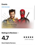 A screenshot of the disney+ iOS app store page showing the the new deadpool film is now available.